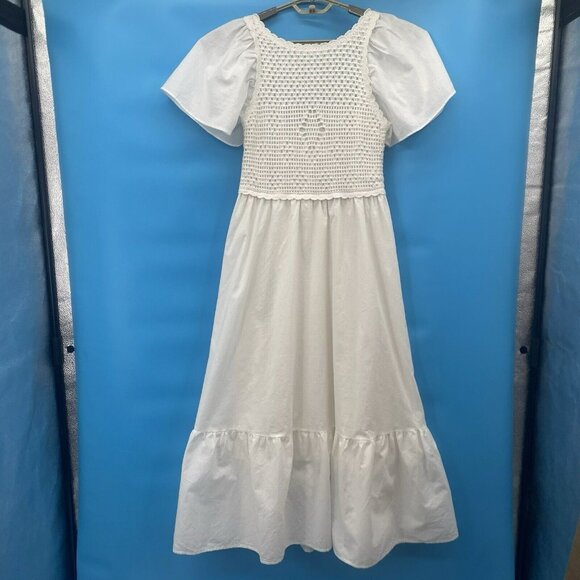 Versona White‎ Cotton Maxi Dress Crochet Top Smocked Summer Beachy Lined Small - Picture 1 of 5